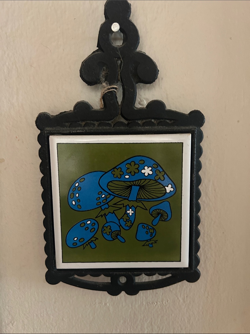 Vintage Blue Mushroom Tile Wall Hanging